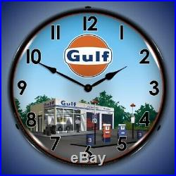 Nostalgic Retro Style Gulf Gas Station Store Backlit LED Lighted Wall Clock Sign